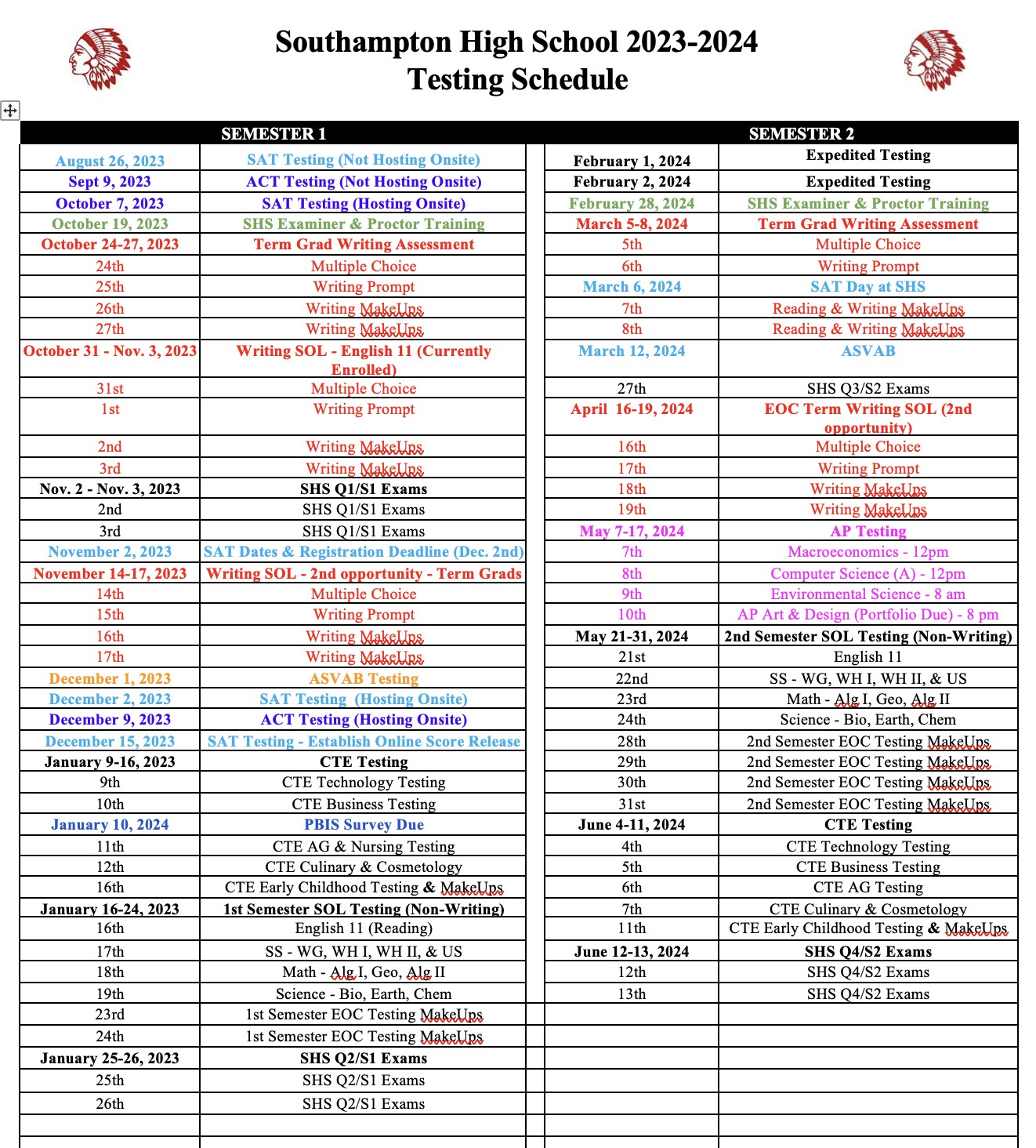  SHS Testing Calendar